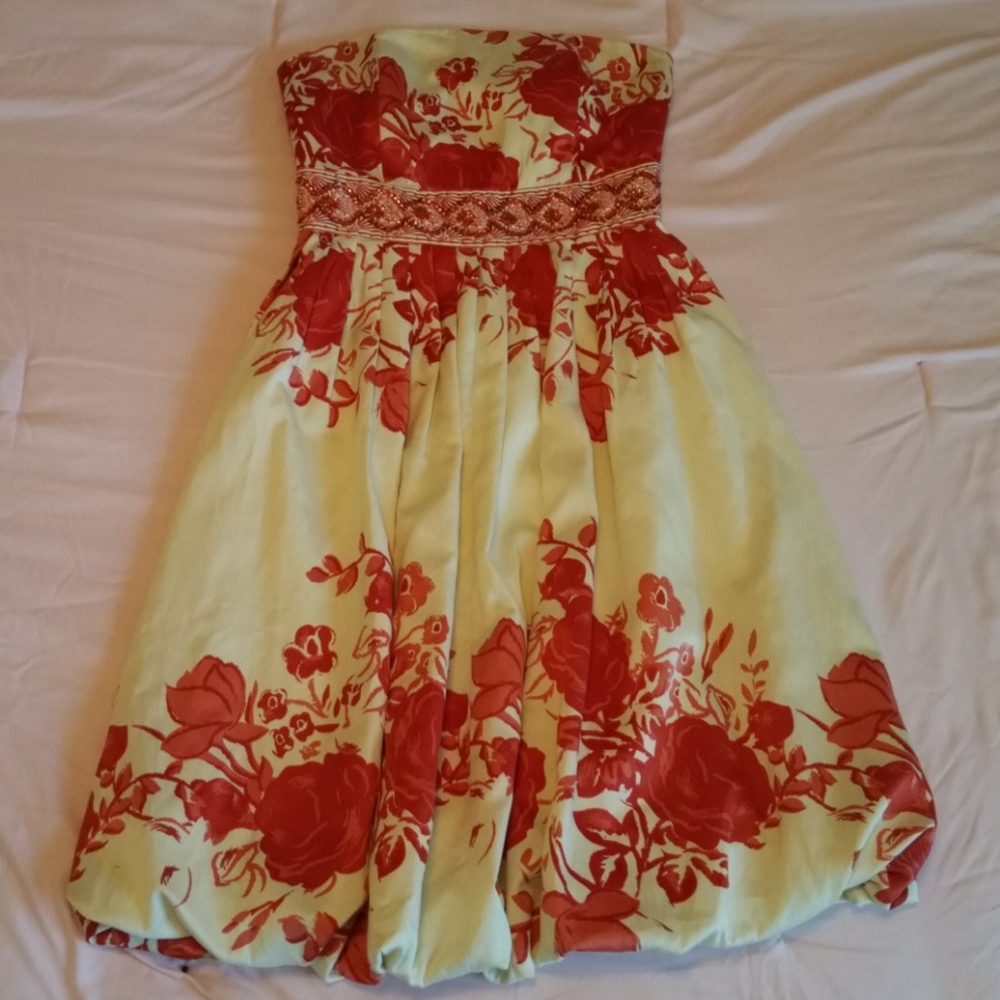 Red and cream floral dress